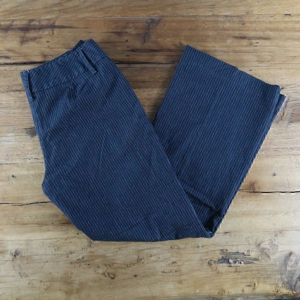 PANTOLOGY BLACK WITH WHITE & BLUE PINSTRIPE BUSINESS WIDE LEG WORK PANTS SIZE 6